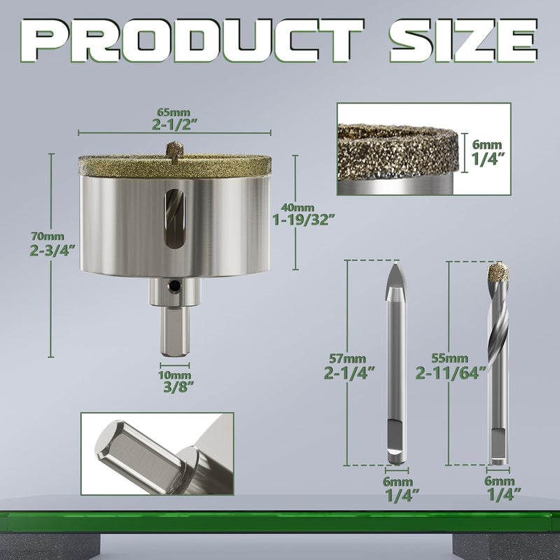 CSOOM 2-1/2"(65mm) Diamond Hole Saw with Center Drill Bit, One-Touch Positioning, Easy to Penetrate Hard Materials Such as Ceramic, Tile, Glass, Granite, Marble, etc. - Image 2